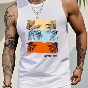 Men's Coconut Tree Tank Top - Sleeveless, Breathable Cotton, Summer Casual Fitness Clothing, Round Neck, White Tropical Design