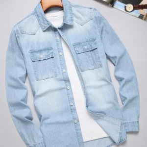 Pure cotton washed blue denim shirt for men - loose fit, trendy, cardigan style, fashionable and casual top