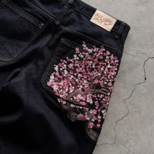 Y2K Baggy jeans Cherry Blossom Selvedge Embroidery Denim Pants men women denim fabric American Hiphop Streetwear Wide Leg Jeans