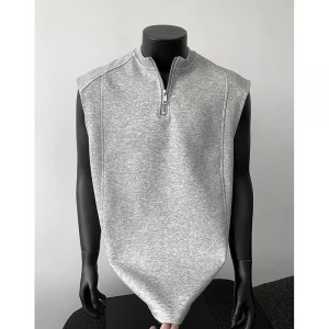 Men's Minimalist Oversized Half Zip Sleeveless Tank Top Stand Collar Streetwear Tee Sleeveless Casual Unisex Tops