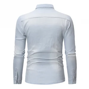 Men s Classic Fit Long Sleeve Button Down Denim Shirt for Casual Spring and Autumn Wear at Parties