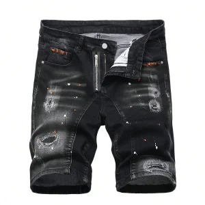 Summer Ripped Shorts Jeans Men Denim Shorts Pants Straight Stretch Casual Cool Thin Knee Length Fashion Brand Daily Trousers