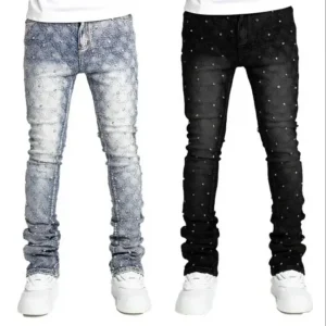 Men's denim fashion personality straight leg men's pants European and American fashion Instagram hot item elastic pearl denim la